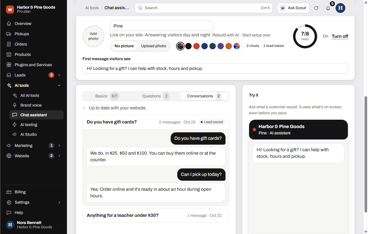 The Conversations tab listing two visitor chats, one with a Lead saved tag, beside the Try it preview