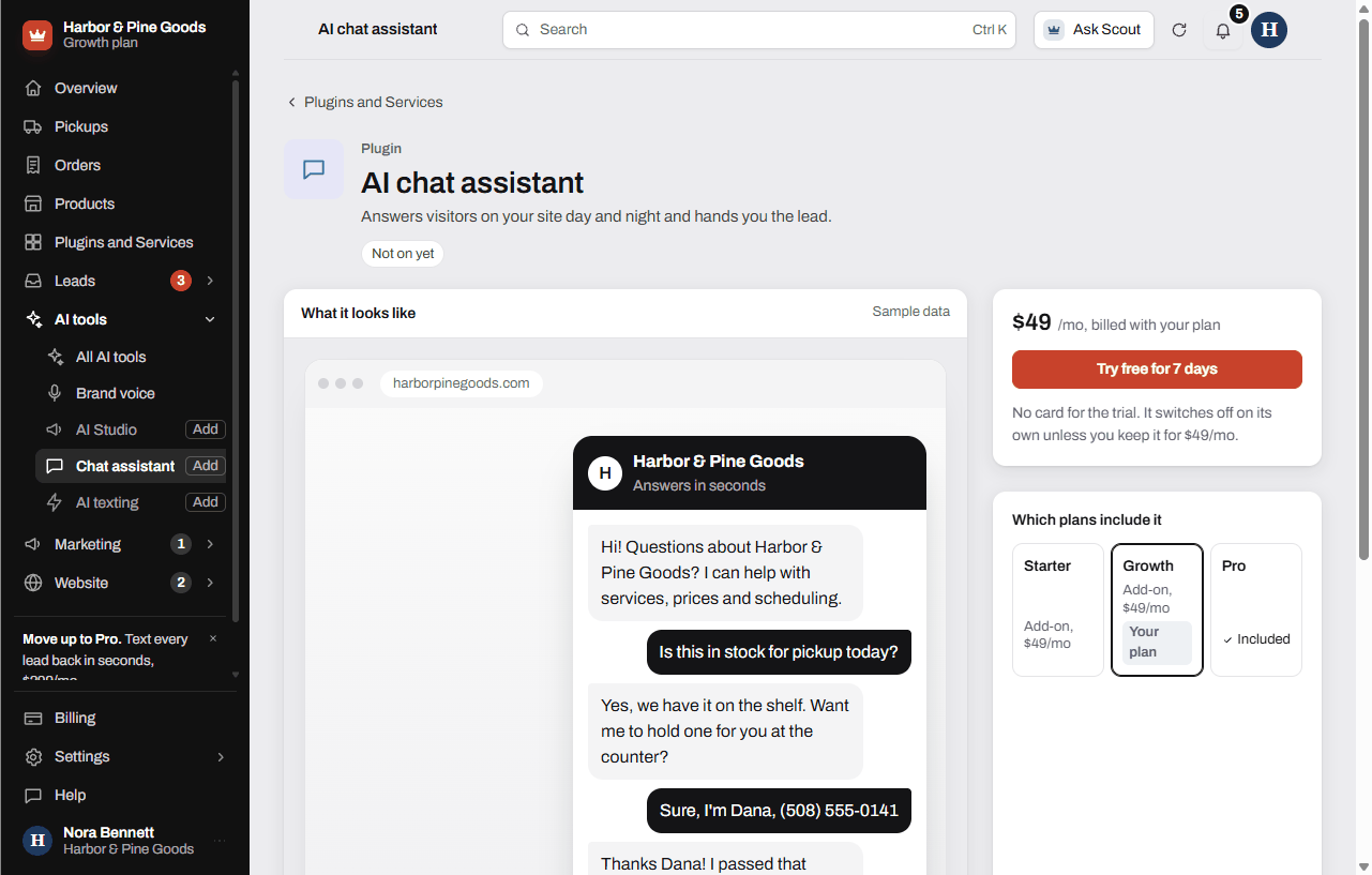 The AI chat assistant plugin page with the price, the free trial button and the plans that include it
