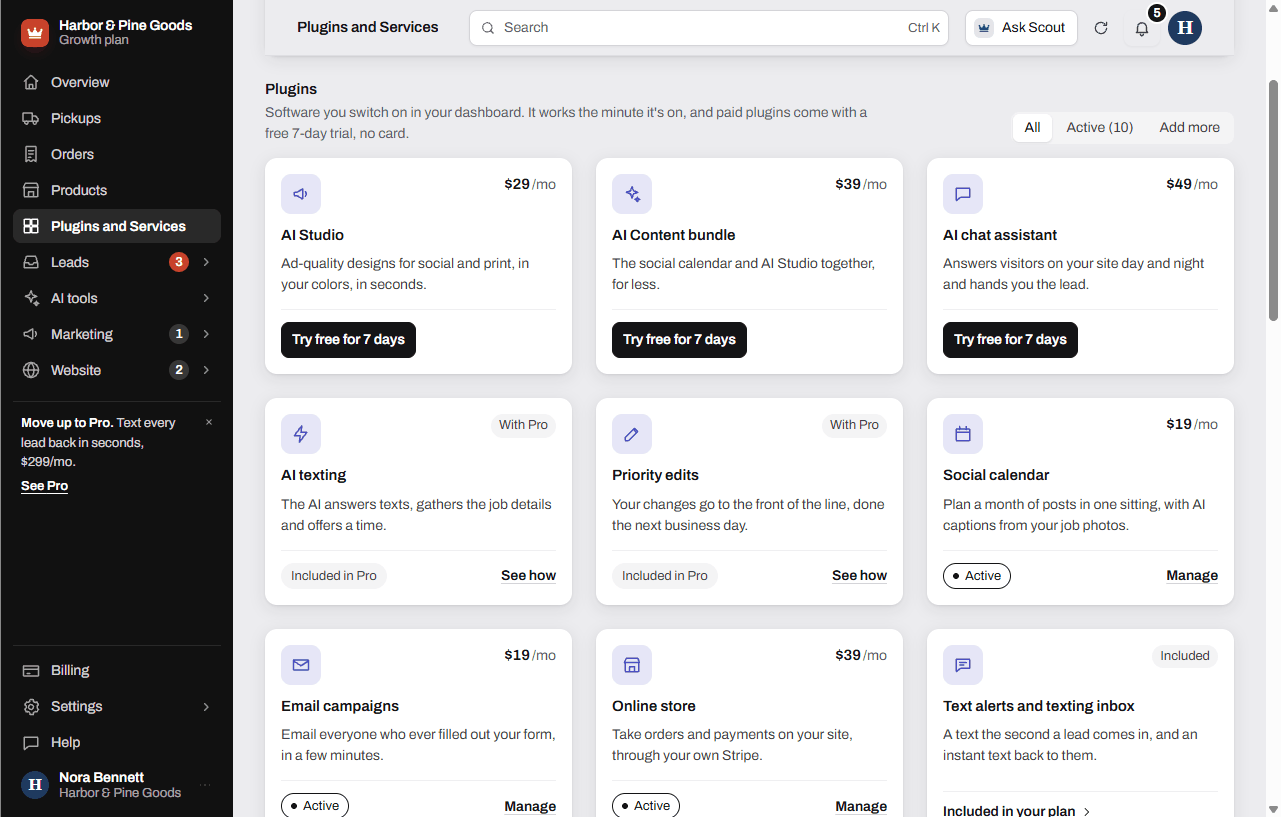 Plugins you can add on the Overview, with the AI Studio, AI Content bundle and AI chat assistant cards and their Try it free buttons