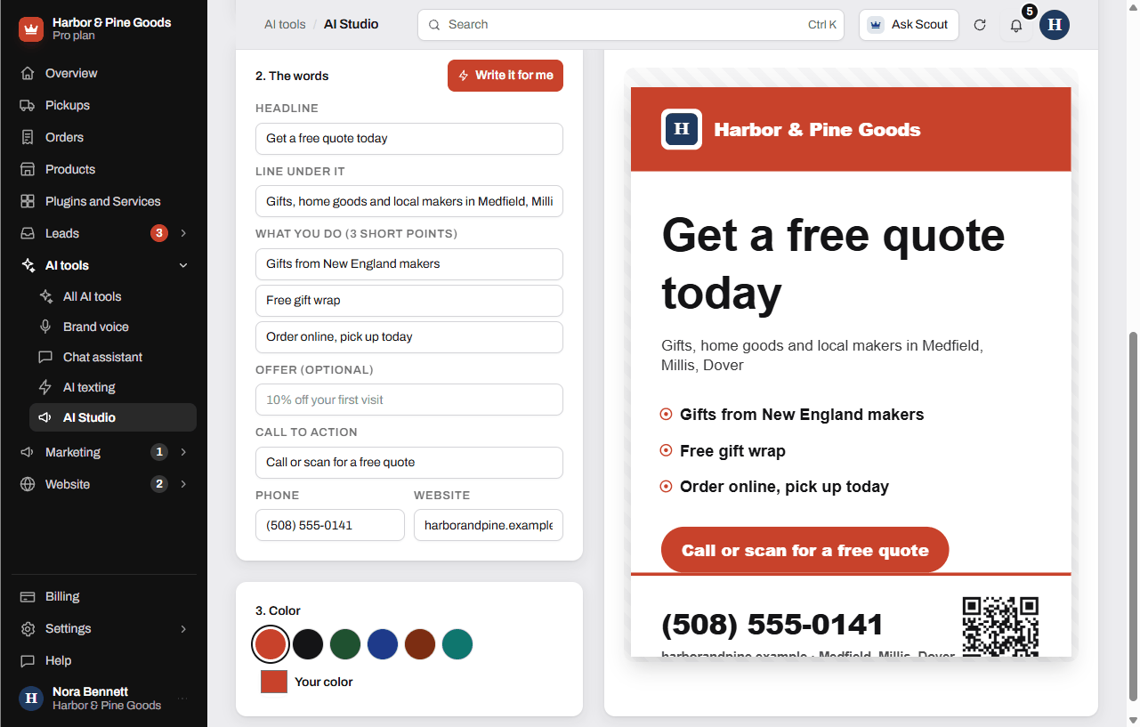 A template flyer filled in from the business's site, with the words and color controls beside it
