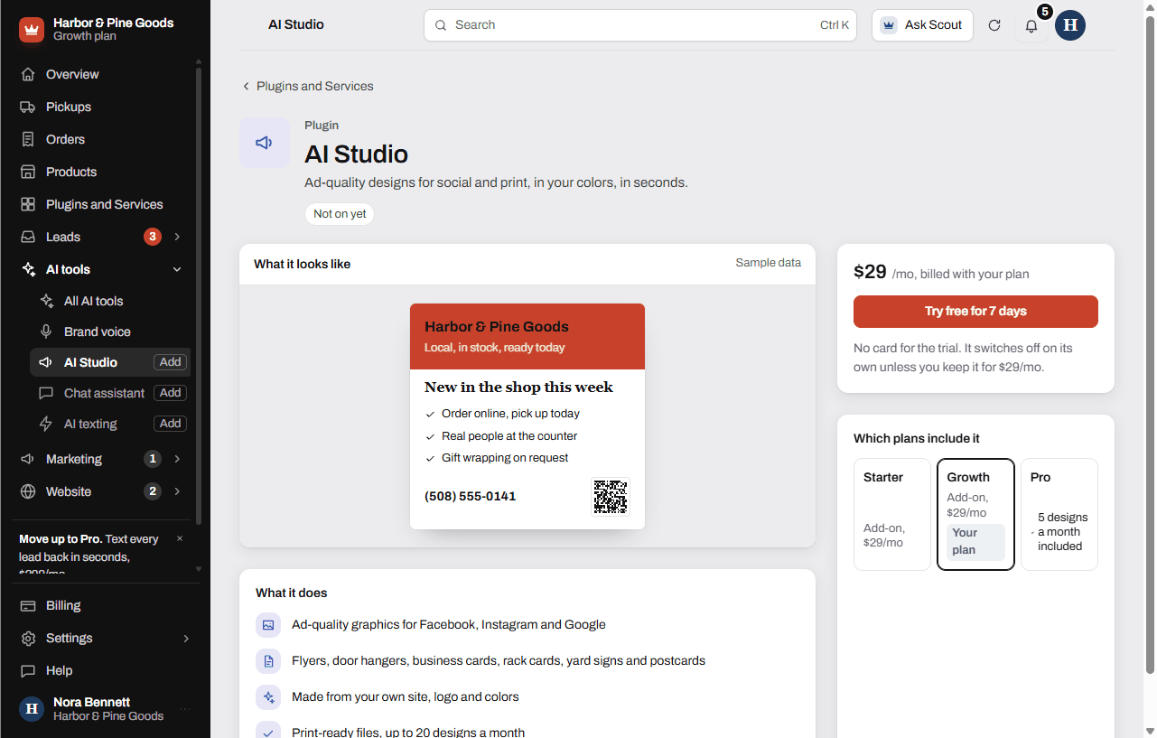 The AI Studio plugin page with the price, the free trial button and which plans include it