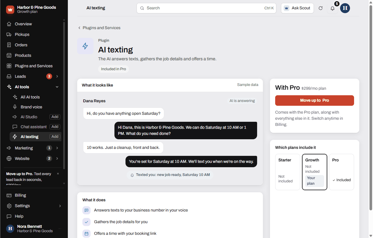 The AI texting plugin page showing it comes with the Pro plan