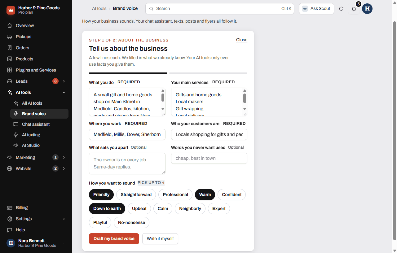 Step 1 of the brand voice setup with questions about the business and tone choices