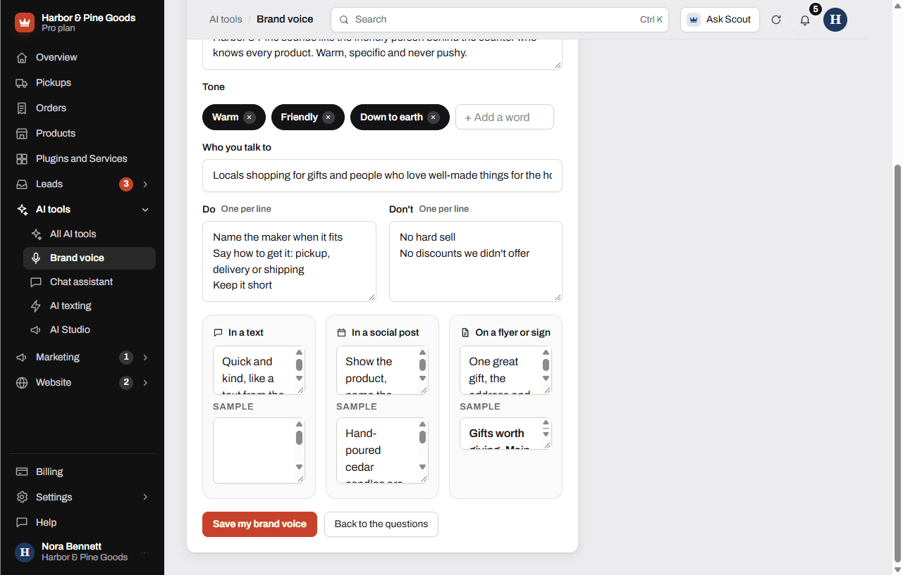 Step 2 of the brand voice setup where you check and edit how you sound