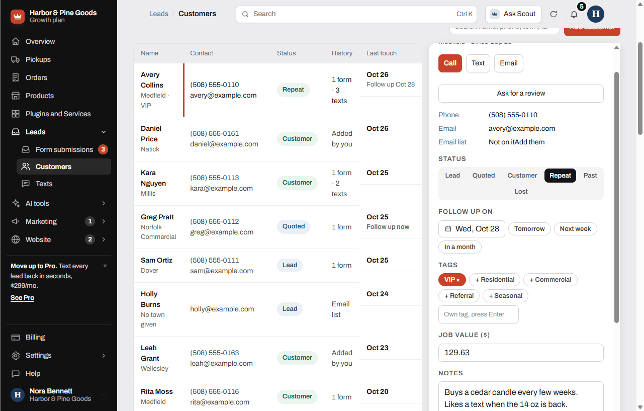 A customer record open with call and text buttons, status, follow-up date, tags, notes and history