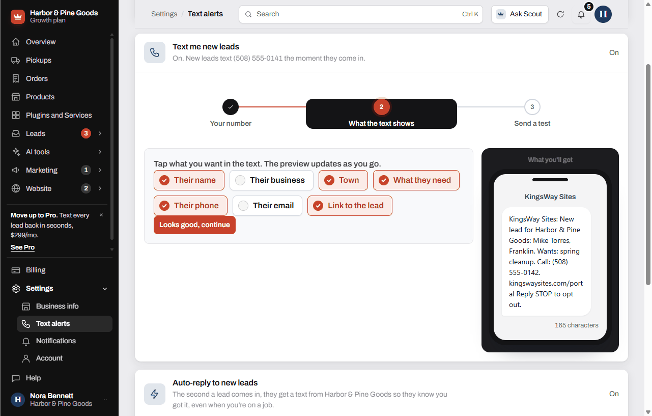 The Text alerts page showing the alert preview and the auto-reply message