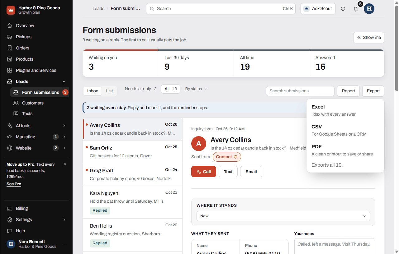 The Export menu open on Form submissions, with Excel, CSV and PDF choices