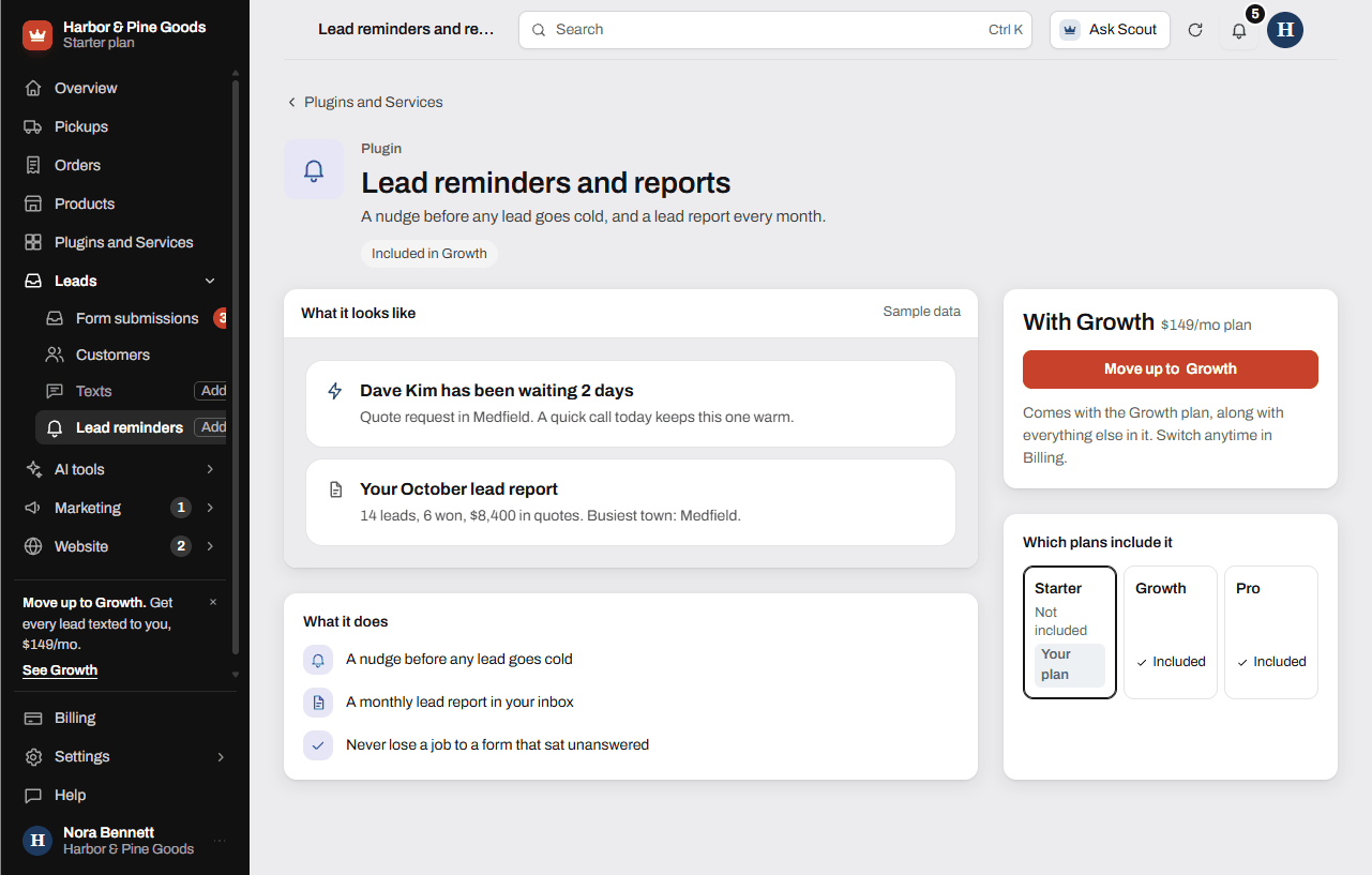 The Lead reminders and reports plugin page showing it comes with the Growth plan