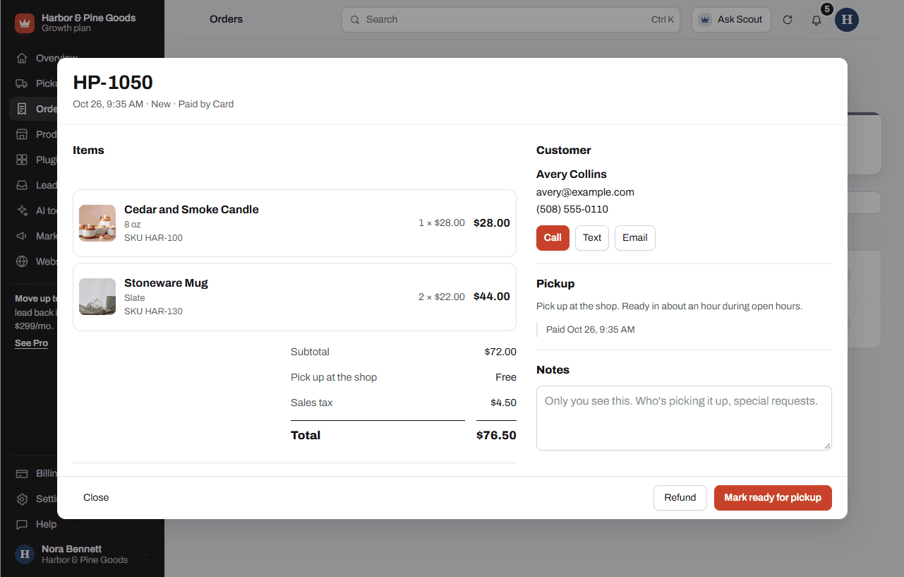 An open order showing its items, the customer's contact buttons and the Mark ready for pickup and Refund buttons