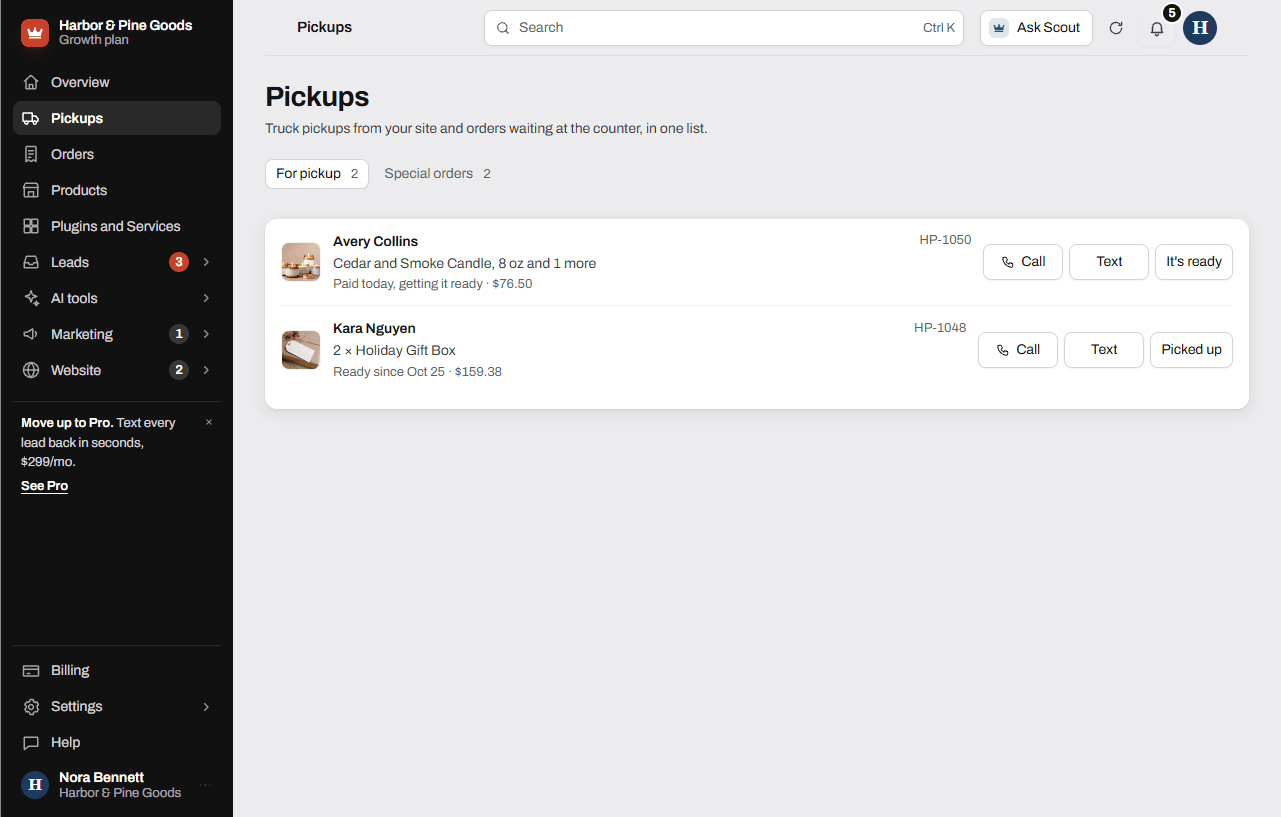 The Pickups page listing orders waiting at the counter with It's ready and Picked up buttons