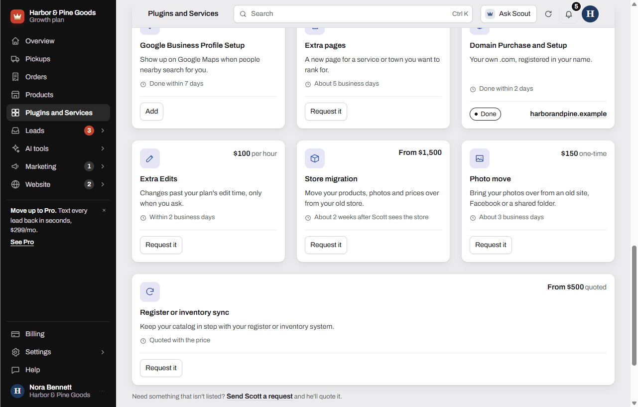 The Services section with service cards, prices, turnaround times and Request it buttons