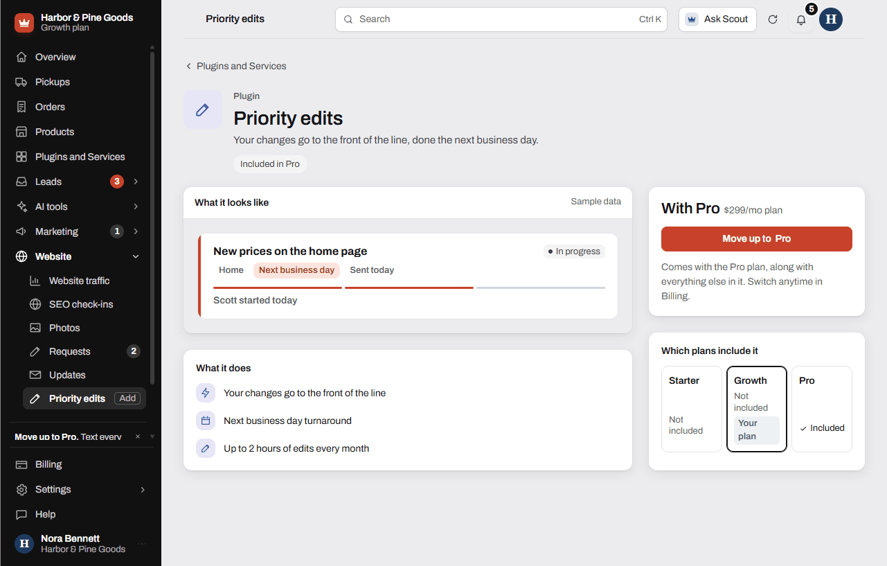 The Priority edits plugin page showing it comes with the Pro plan
