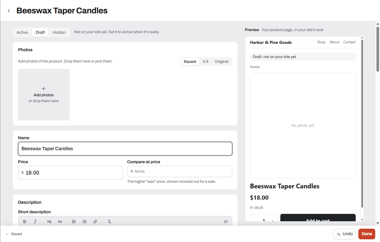 The new product editor with photos, name and price on the left and the live preview on the right