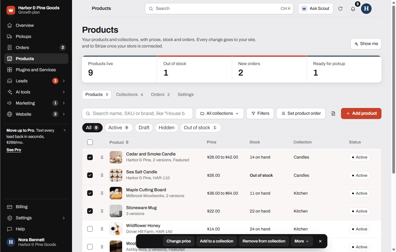 Several products selected with the bulk bar showing Change price, Add to a collection and More