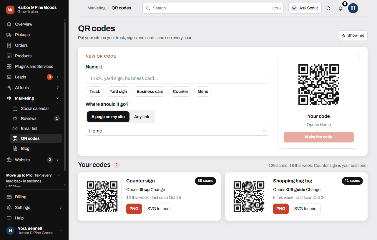 Code cards with scans, where each one opens, and the PNG and SVG for print buttons