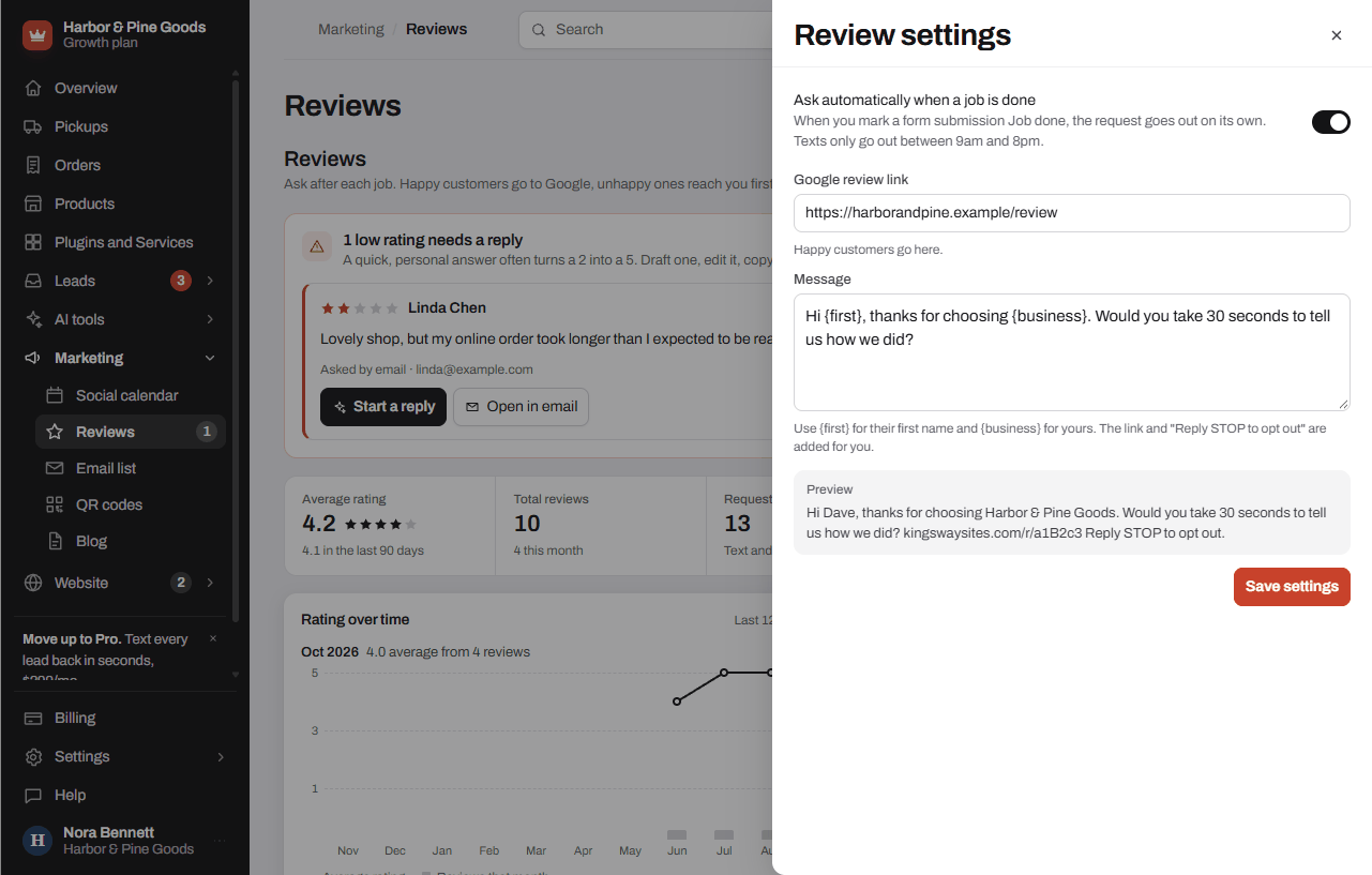 The Review settings panel with the automatic ask switch, the Google review link and the message preview