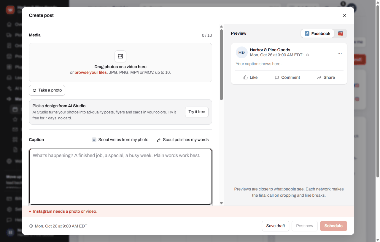 The new post composer with media, caption, network picks and the Schedule button