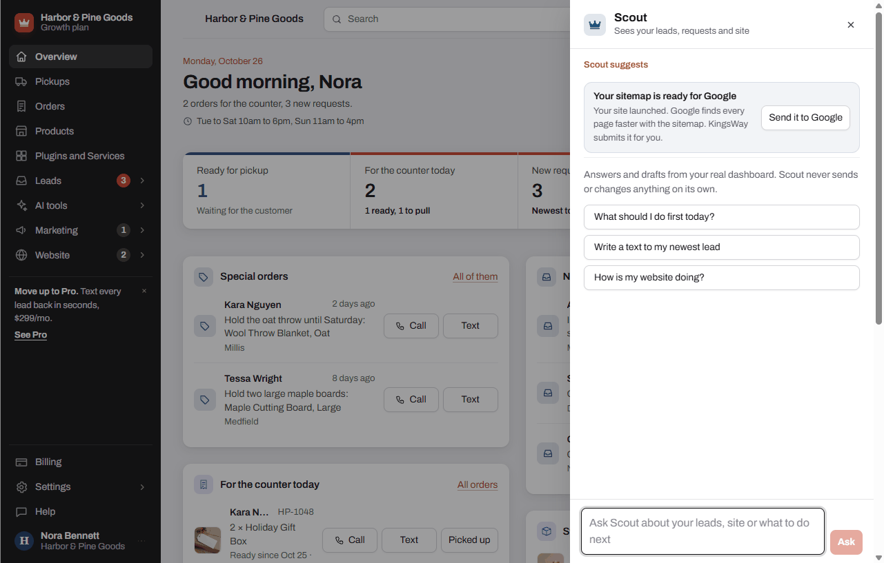 The Scout assistant panel open beside the dashboard, with suggested questions