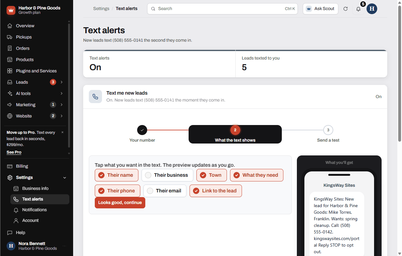 The Text alerts setup with its three steps and a preview of the alert text